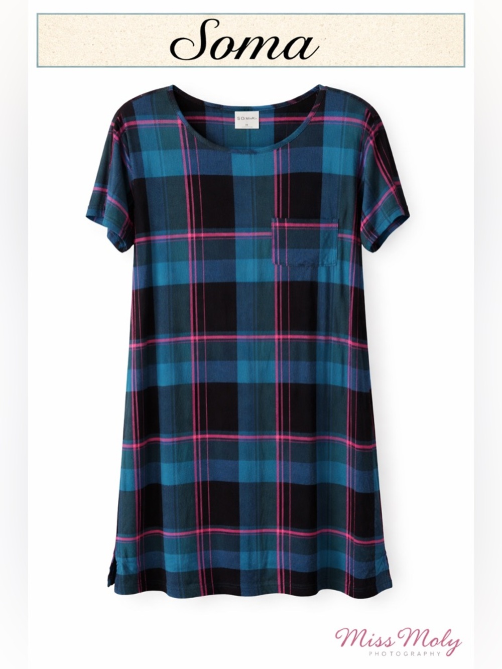 Soma Sleep Tee Nightgown M Blue Pink Plaid Soft Rayon Lounge Pajama Pocket